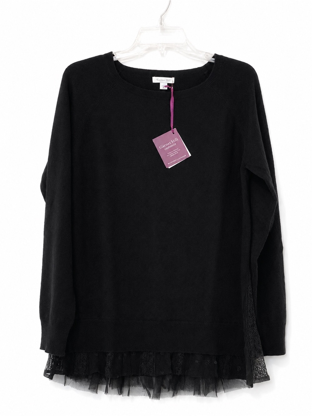 Garnet Hill Women’s M 100% Cashmere Shirttail Lace Sweater Black NWT